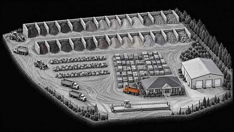 The whole yard from above, drawn in black and white: two rows of material bays, boulders, pallets, the office, the shop and the scale at the gate, with one orange dump truck by the office