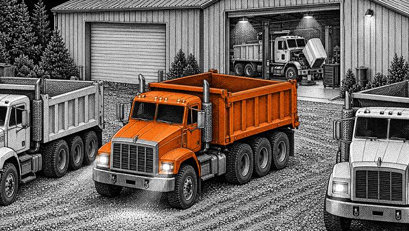 Close in on the orange truck parked among the white dump trucks at first light, the shop open behind with a truck in for service