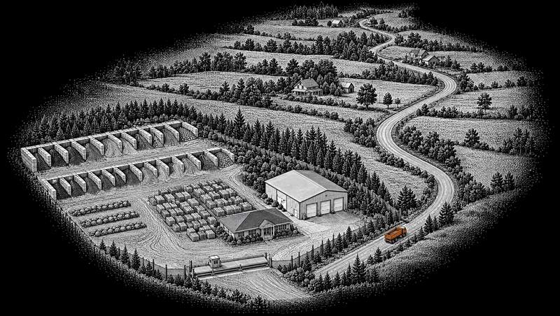 The yard from high above the gate, its road winding out through fields, the small orange truck on it