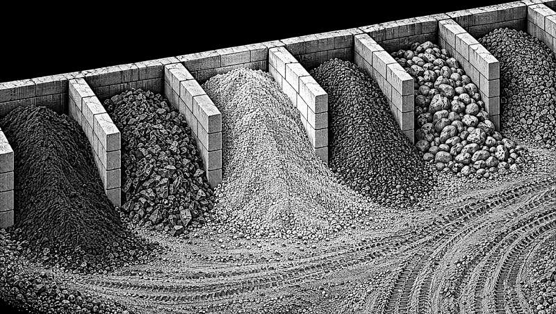 Along the front row of bays, each heaped with a different bulk material, one bay lit