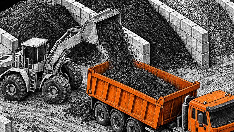 A loader tipping its bucket into the orange truck at a bay