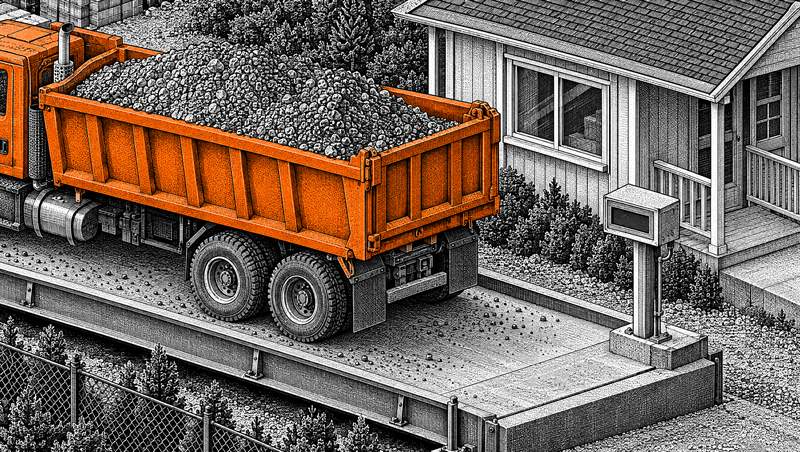 The orange truck, loaded, on the scale beside the scale house
