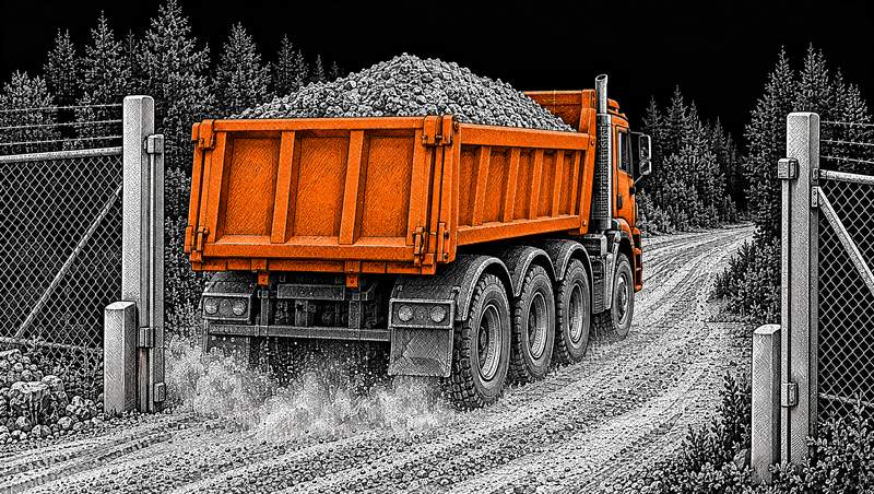 The loaded orange truck leaving through the gate, dust behind its wheels