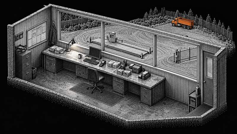 Inside the yard office: the counter, the screens and the phone, the orange truck parked in the lot outside the window