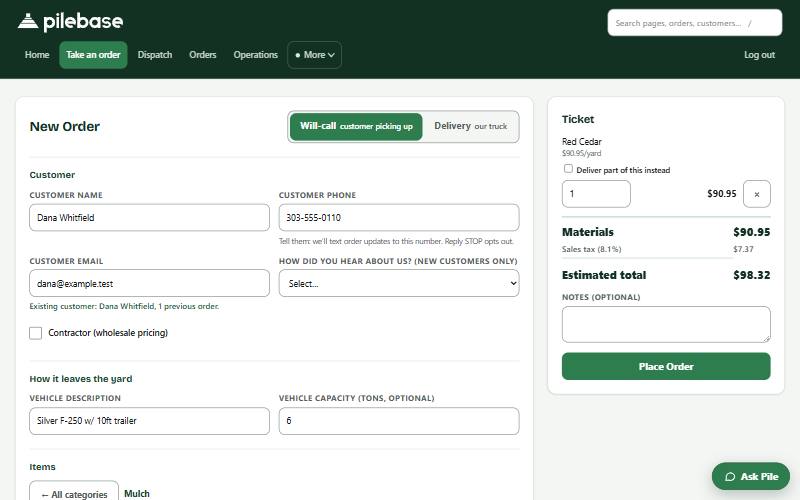 The counter taking a will-call order: the customer typed in on the left, and the ticket on the right with Red Cedar mulch, sales tax, the total and Place Order