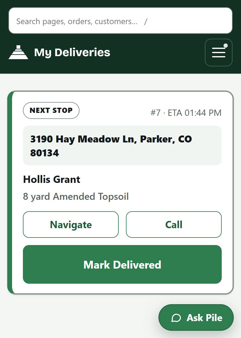 The driver's phone: the next stop with its address first and largest, the customer and the load, Navigate and Call, and a large Mark Delivered button