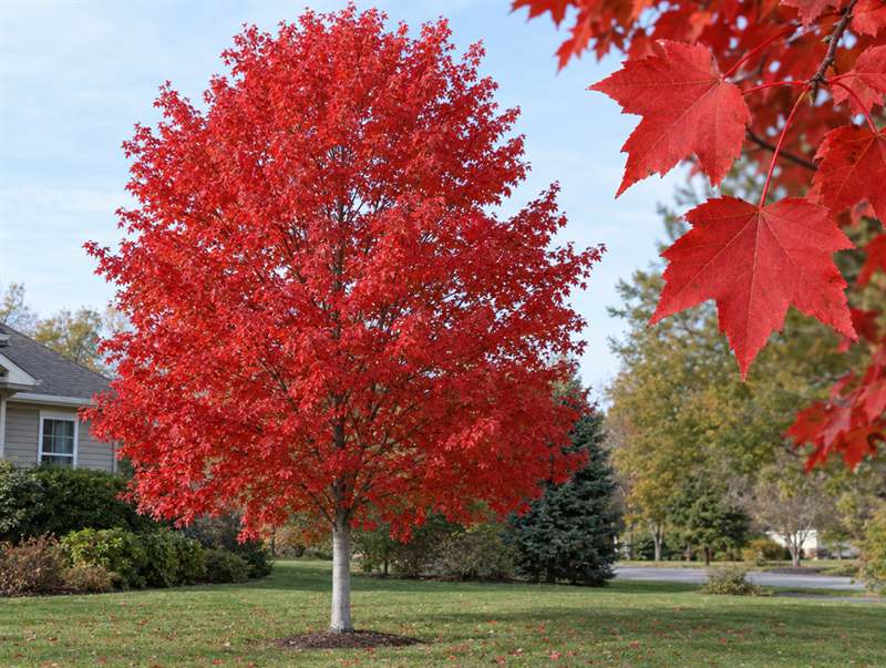A young red maple in a front lawn in autumn, its whole crown scarlet