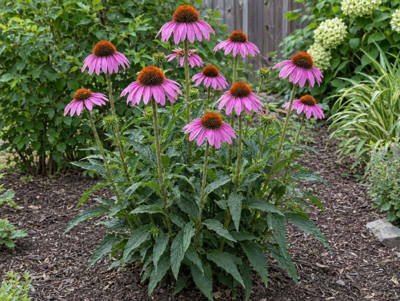 Purple coneflower in bloom: pink-purple drooping petals around spiky orange-brown cones