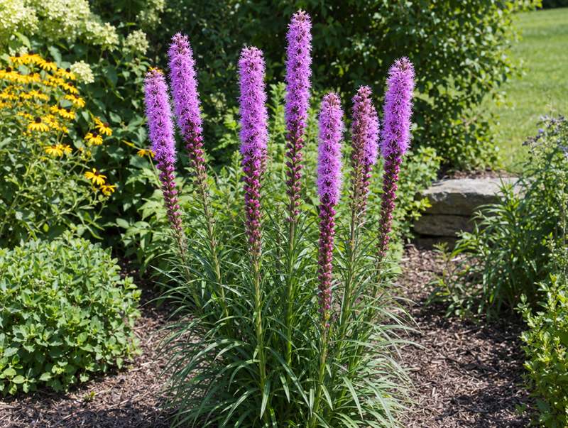 Blazing star in bloom: upright spikes of fluffy rosy-purple flowers over grassy leaves