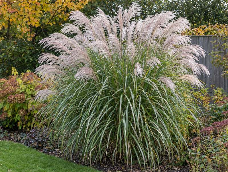 Japanese silver grass in autumn: an arching fountain of white-ribbed blades under silky pink plumes