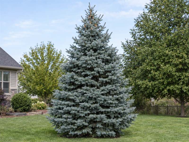 A Colorado blue spruce: a dense silvery-blue cone-shaped evergreen in a yard