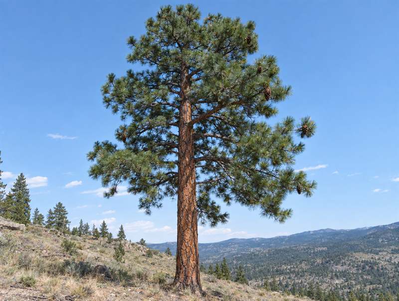 A ponderosa pine on a dry slope, its tall trunk plated in orange-cinnamon bark