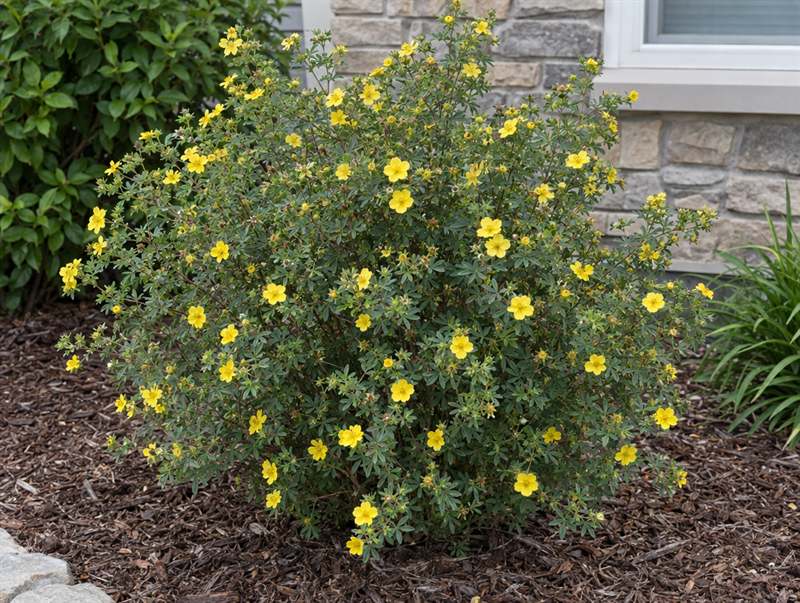 Shrubby cinquefoil in a foundation bed, dotted with flat yellow five-petalled flowers