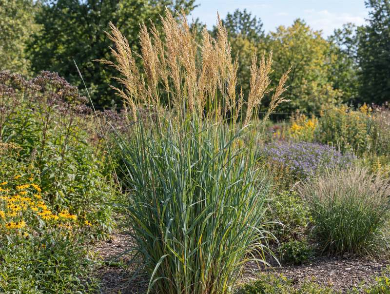 Indian grass in a prairie planting: an upright blue-green clump under narrow golden plumes